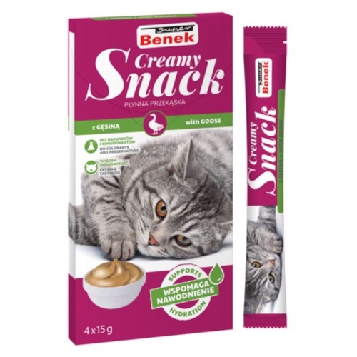 Super Benek Creamy Snack z gęsiną 4x15 g – opakowanie płynnej przekąski dla kotów