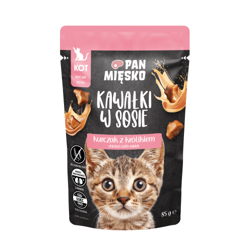 Pan Mięsko Kawałki w sosie Kurczak z królikiem - karma mokra dla kociąt 85g opakowanie front