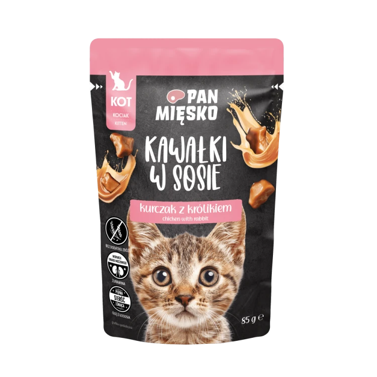 Pan Mięsko Kawałki w sosie Kurczak z królikiem - karma mokra dla kociąt 85g opakowanie front