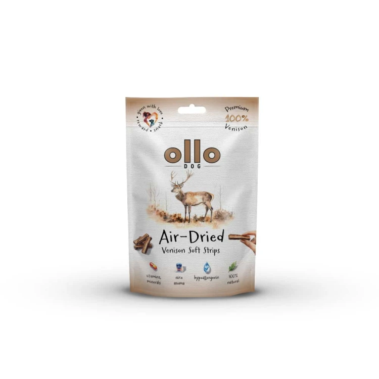 Ollo Air-Dried Venison Soft Strips – opakowanie przysmaków z jelenia 80 g