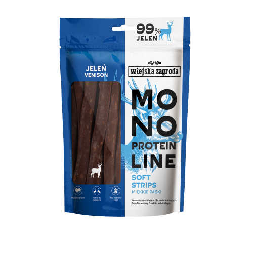 Wiejska Zagroda Przysmak dla psa Monoproteinowe miękkie paski Jeleń 100 g – opakowanie przysmaku w formie miękkich pasków