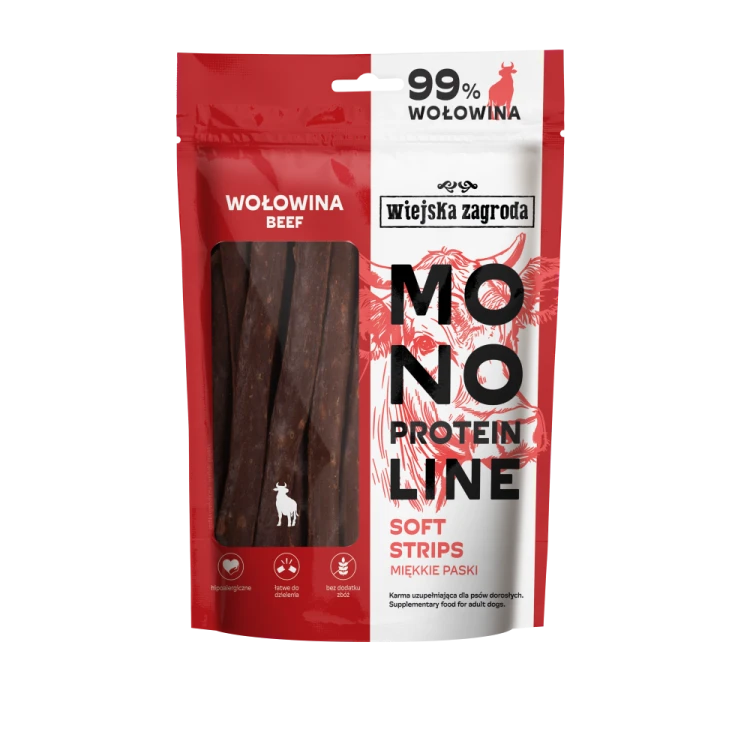 Wiejska Zagroda Przysmak dla psa Monoproteinowe miękkie paski Wołowina 100 g – opakowanie miękkich pasków z wołowiny