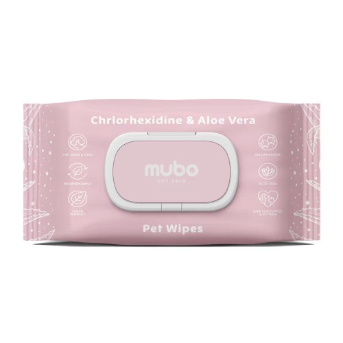 Mubo Chlorhexidine &amp; Aloe Vera Pet Wipes – opakowanie chusteczek dla psa i kota z przodu