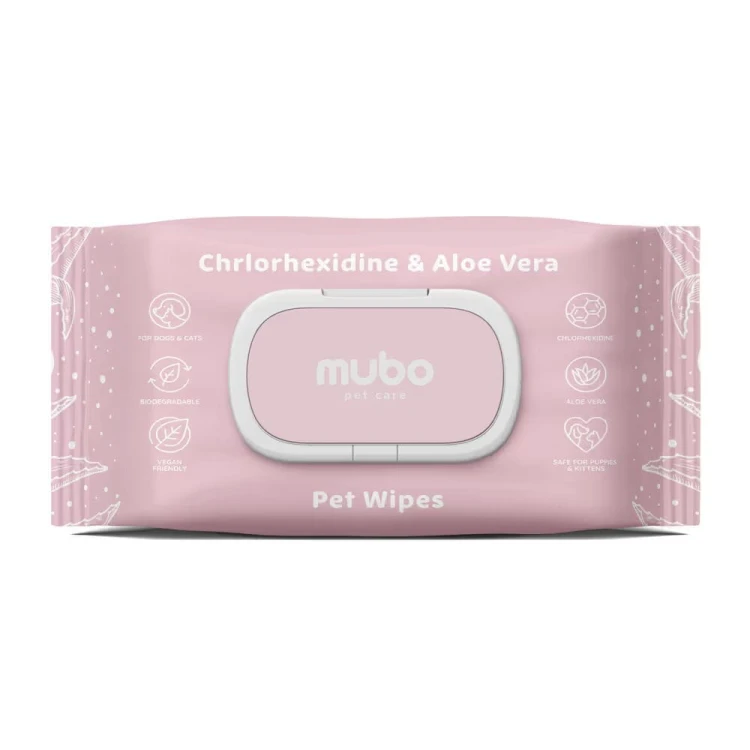 Mubo Chlorhexidine &amp; Aloe Vera Pet Wipes – opakowanie chusteczek dla psa i kota z przodu