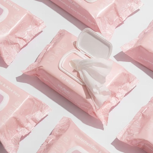 Mubo Chlorhexidine &amp; Aloe Vera Pet Wipes – otwarte opakowanie chusteczek pielęgnacyjnych