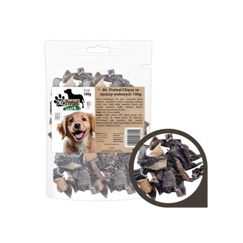 Mr. Pretzel Chipsy ze żwaczy wołowych przysmak dla psa 100 g – opakowanie produktu ze zbliżeniem na chipsy