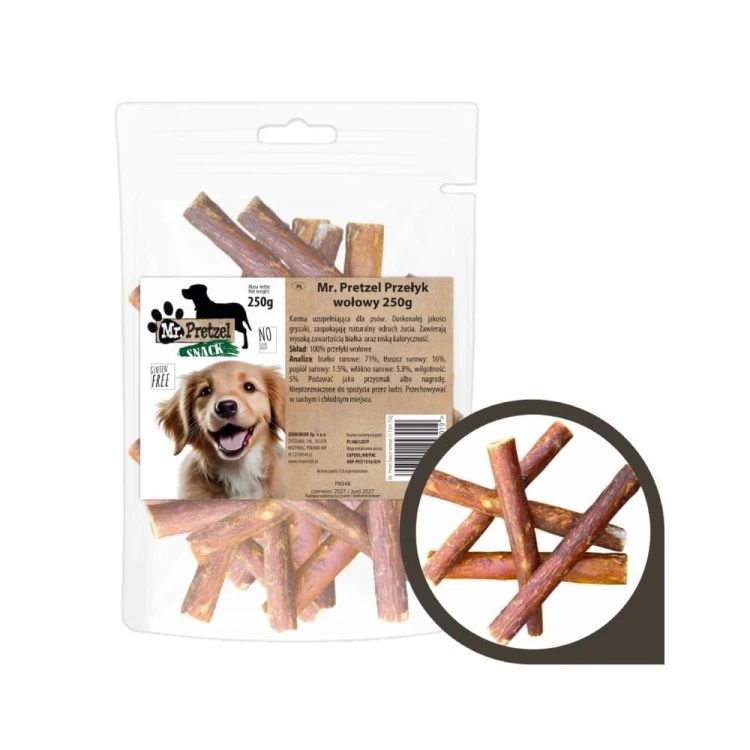 Mr. Pretzel Przełyk wołowy przysmak dla psa 250 g – opakowanie z suszonymi przełykami