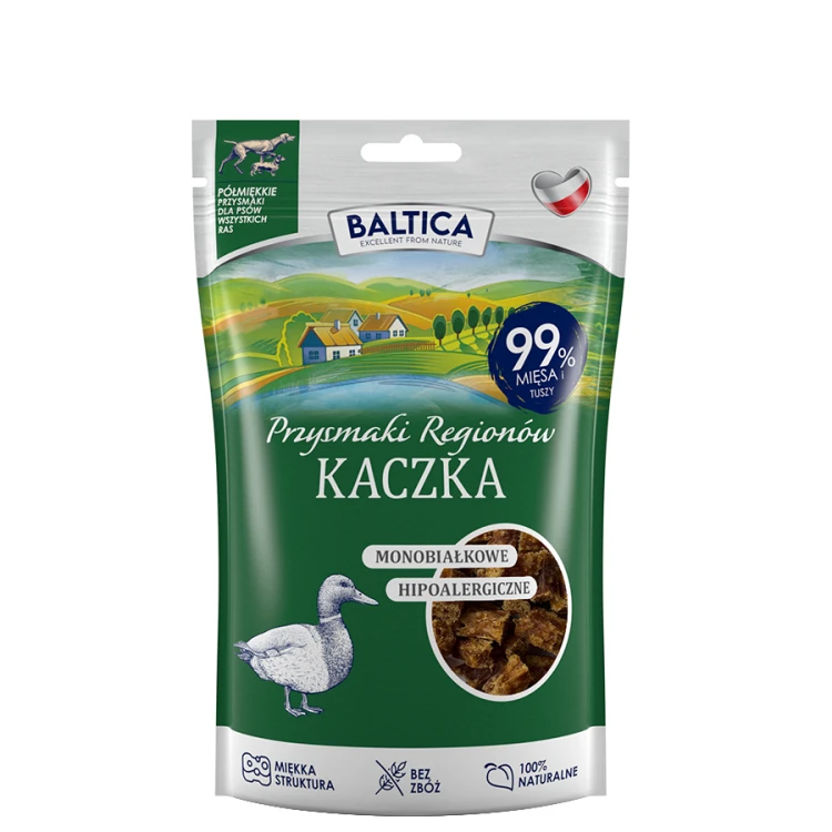 Baltica Przysmaki Regionów Kaczka 80 g – opakowanie półmiękkich przysmaków treningowych dla psa
