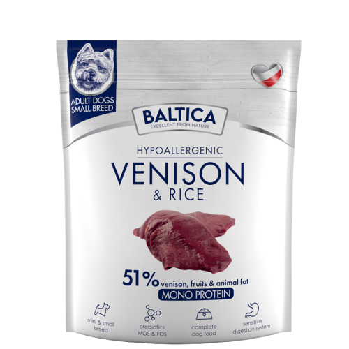 Baltica Hypoallergenic Venison &amp; Rice XS/S sucha karma dla psa – opakowanie produktu