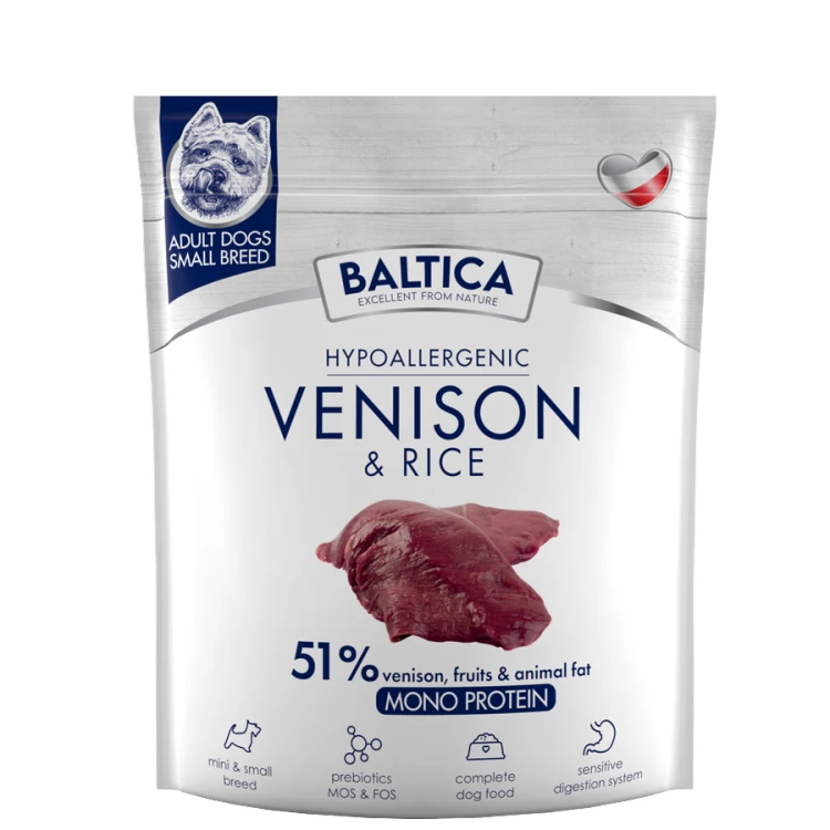 Baltica Hypoallergenic Venison &amp; Rice XS/S sucha karma dla psa – opakowanie produktu