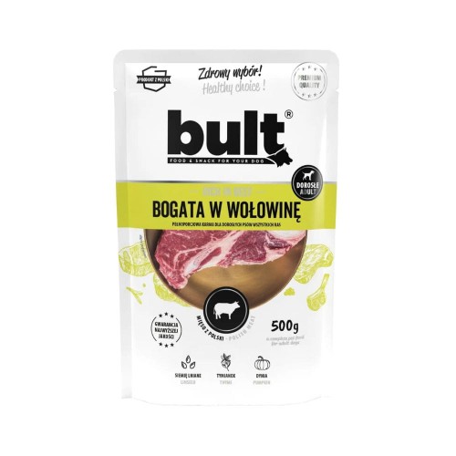 Saszetka karmy mokrej BULT z wołowiną 500 g – opakowanie produktu