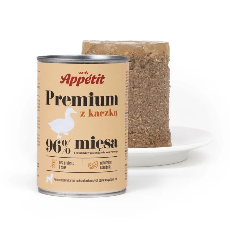 Comfy Appetit Premium Kaczka – puszka oraz zawartość karmy