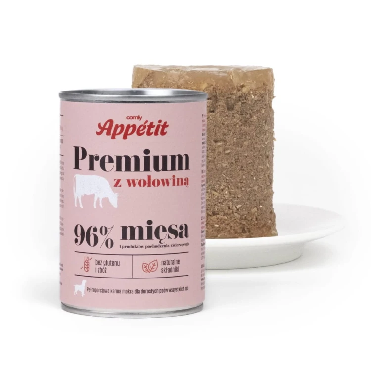 Comfy Appetit Premium Wołowina – puszka oraz zawartość karmy