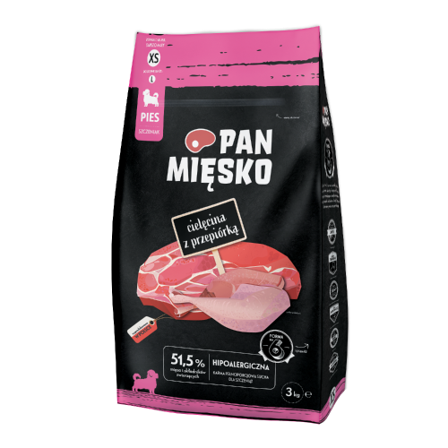 Opakowanie Pan Mięsko Cielęcina z Przepiórką XS – sucha karma dla szczeniąt 3 kg, widok z przodu