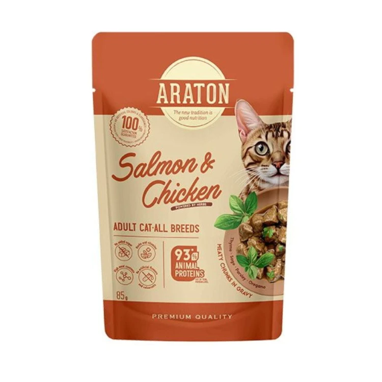 ARATON Adult Cat Łosoś i Kurczak – opakowanie karmy mokrej 85 g