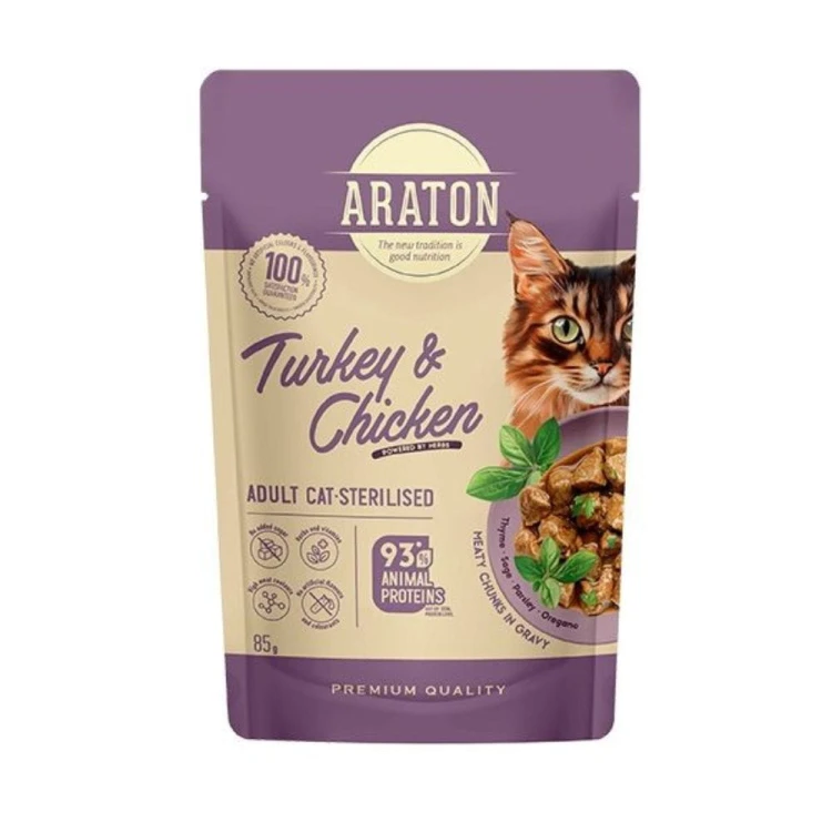 ARATON Adult Cat Indyk i Kurczak – opakowanie karmy mokrej 85 g