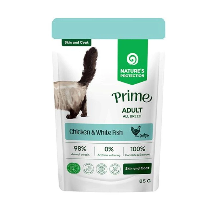 Nature’s Protection Prime Adult Skin &amp; Coat Chicken &amp; White Fish 85 g – opakowanie karmy dla kota