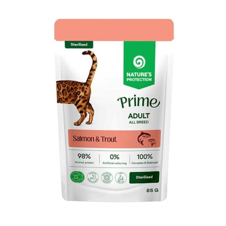 Nature’s Protection Prime Adult Sterilised – saszetka mokrej karmy dla kota z łososiem i pstrągiem 85 g