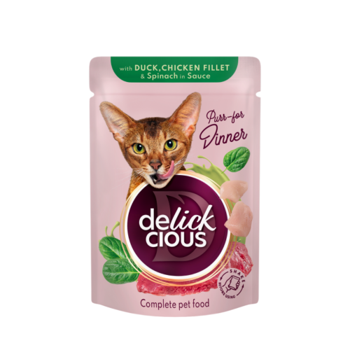 Delickcious Karma mokra dla kota kaczka i kurczak ze szpinakiem w sosie 80 g – opakowanie produktu
