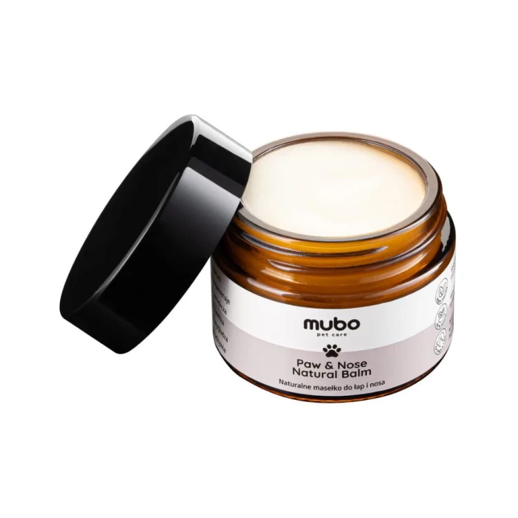 Otwarty słoiczek Mubo Paw &amp; Nose Natural Balm z widoczną konsystencją masełka