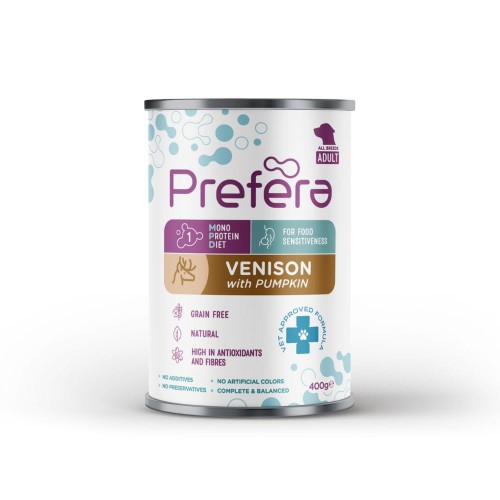 Prefera Jeleń z Dynią 400 g – puszka mokrej karmy monoproteinowej dla psa