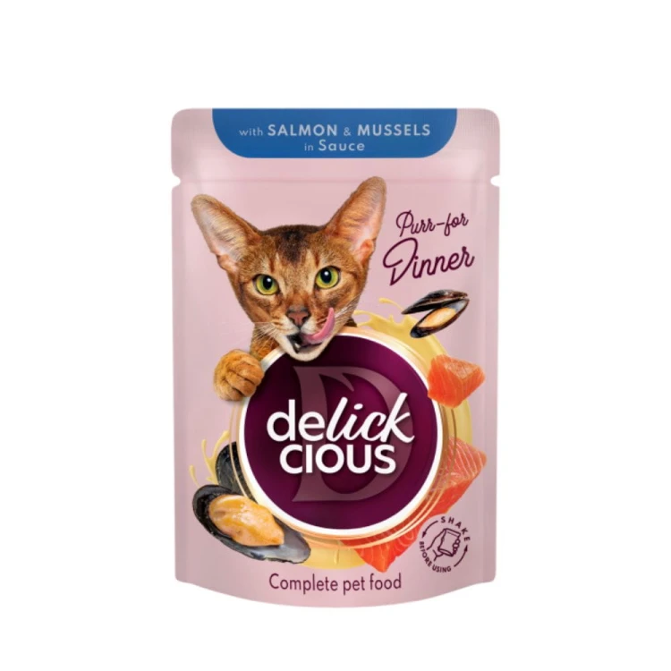 Delickcious karma mokra dla kota z łososiem i małżami w sosie saszetka 85 g