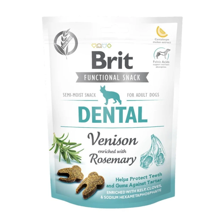 Opakowanie Brit Care Dog Functional Snack Dental przysmak dla psa na zęby i dziąsła jeleń 150 g