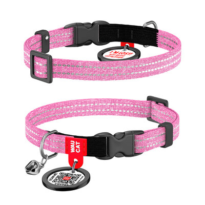 Różowa obroża WAUCAT Re-cotton dla kota i małego psa z adresówką QR