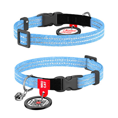 WAUCAT Re-cotton obroża dla kota i małego psa niebieska z adresówką QR