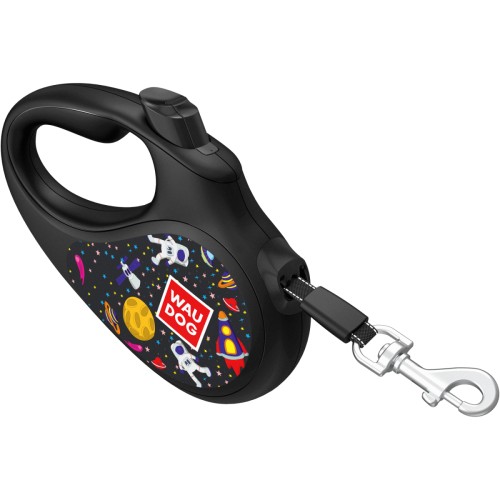 Czarna smycz ruletka WAUDOG R-leash dla psa do 50 kg z wzorem NASA