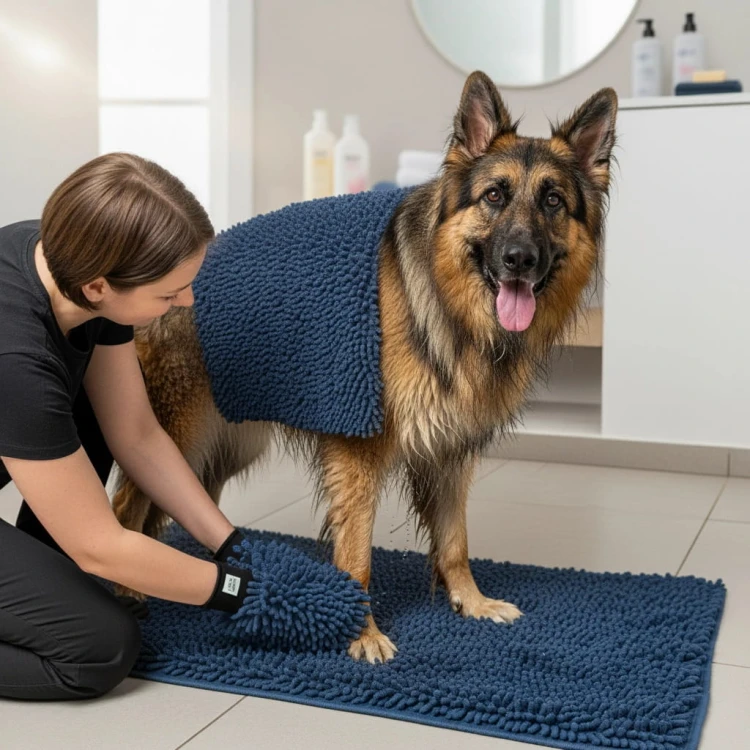 ZOLUX ręcznik z rękawicą z mikrofibry dla psa do suszenia niebieski 90 x 60 cm - zastosowanie podczas suszenia psa