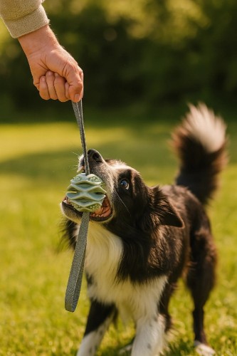 Pies trzymający w pysku piłkę TPR ZOLUX Outdoor ze sznurem podczas zabawy na trawie