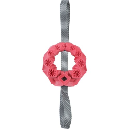 Ceglasta zabawka dla psa w kształcie pierścienia z szarym sznurem