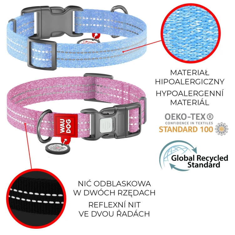 Grafika informacyjna WAUDOG Re-cotton pokazująca materiał hipoalergiczny, odblaskową nić i oznaczenia standardów.