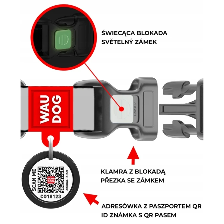 Zbliżenie klamry z blokadą i adresówki QR w obroży WAUDOG Nylon