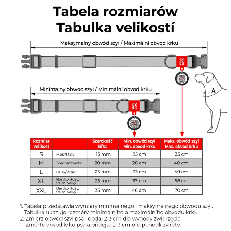 Tabela rozmiarów obroży WAUDOG Nylon z wymiarami S, M, L, XL i XXL