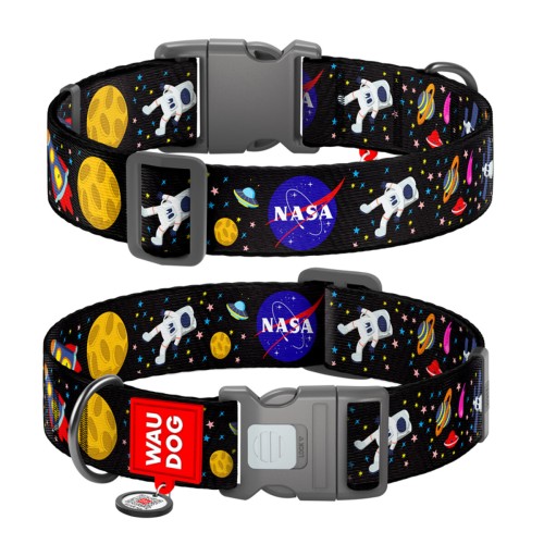Obroża WAUDOG Nylon dla psa we wzorze NASA, widok z obu stron