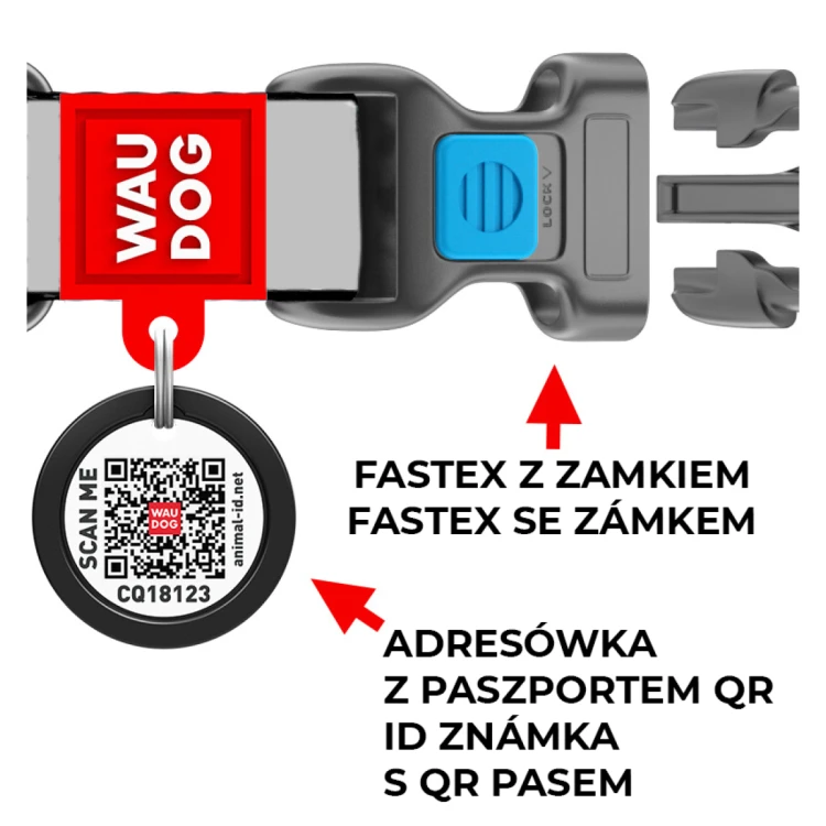 Zbliżenie obroży WAUDOG z klamrą fastex z blokadą i QR adresówką