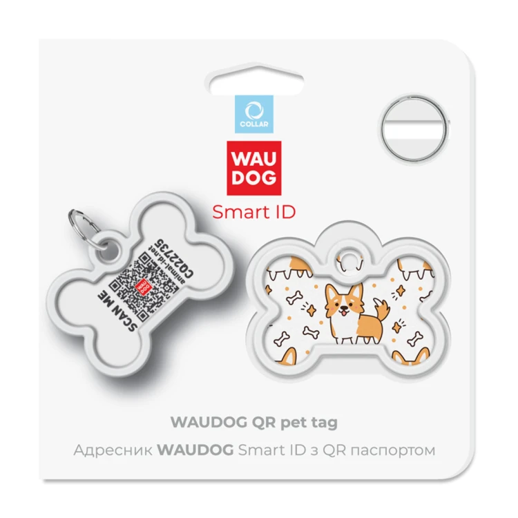 Opakowanie adresówki WAUDOG Smart ID w kształcie kości, wzór Corgi, z widocznym kodem QR