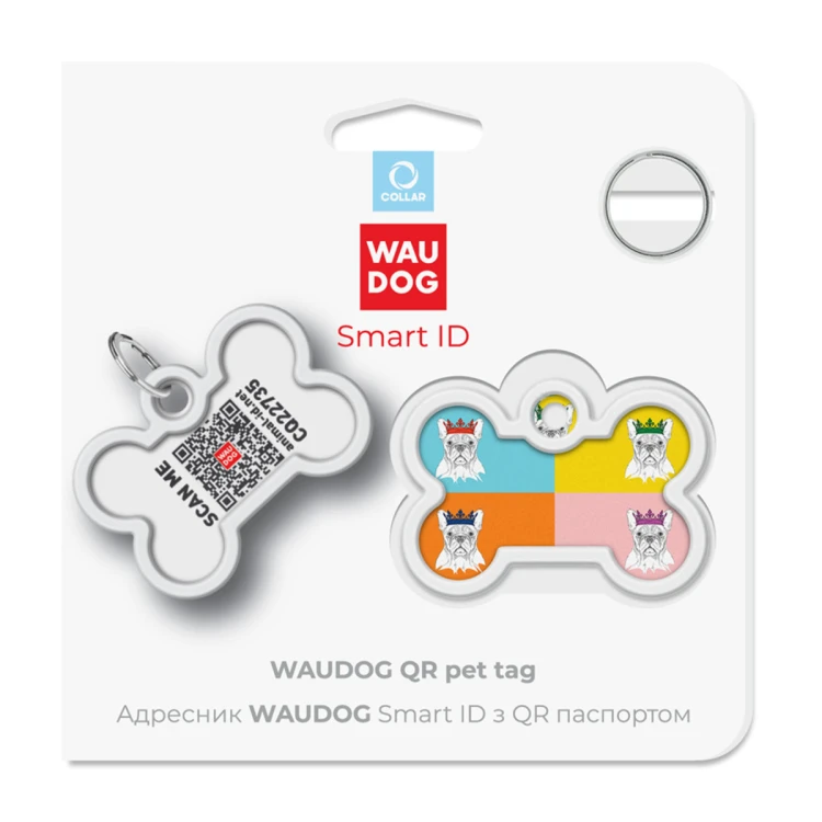 Opakowanie adresówki WAUDOG Smart ID w kształcie kości z wzorem Buldog francuski, widok przodu i tyłu