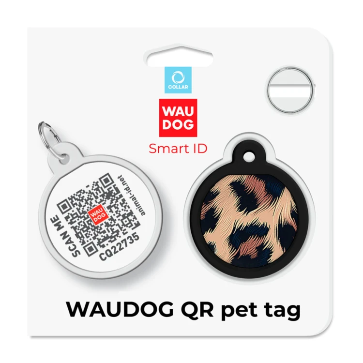 WAUDOG Smart ID adresówka QR dla psa i kota w opakowaniu, wzór Lampart, widok przodu i tyłu