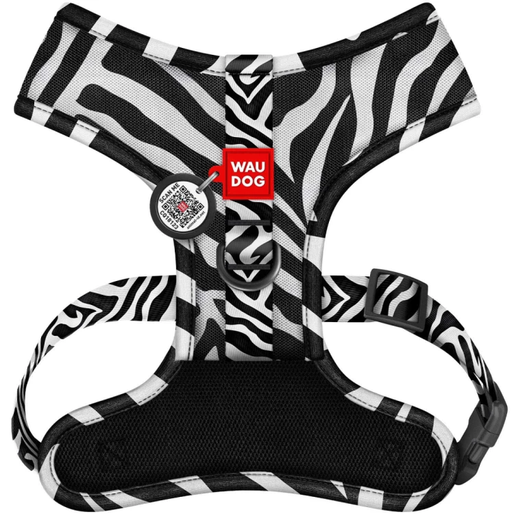 Szelki WAUDOG Mesh wzór Zebra rozmiar M widok z przodu z adresówką QR