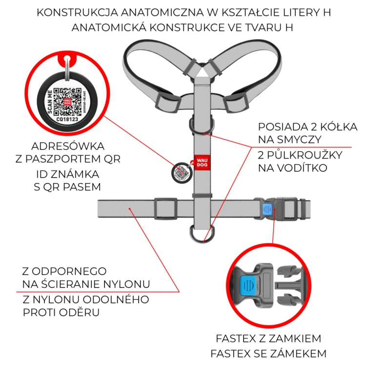 Infografika WAUDOG Nylon z QR adresówką, dwoma półpierścieniami i fastexem z blokadą