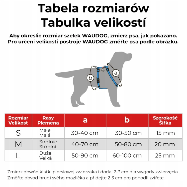 Tabela rozmiarów szelek WAUDOG Nylon dla psa z wymiarami S M L