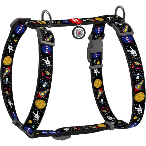 Czarne szelki WAUDOG Nylon dla psa z kolorowym wzorem NASA i adresówką QR.
