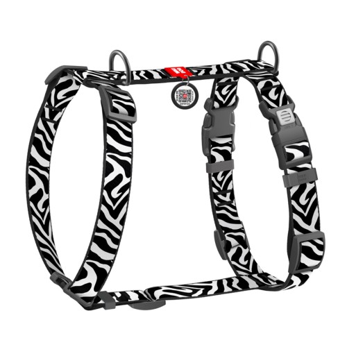 Anatomiczne szelki WAUDOG Nylon dla psa we wzorze Zebra z adresówką QR i szarymi elementami regulacji