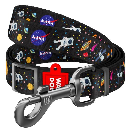 Regulowana smycz dla psa WAUDOG Nylon z wzorem NASA, metalowym karabińczykiem i okuciami.