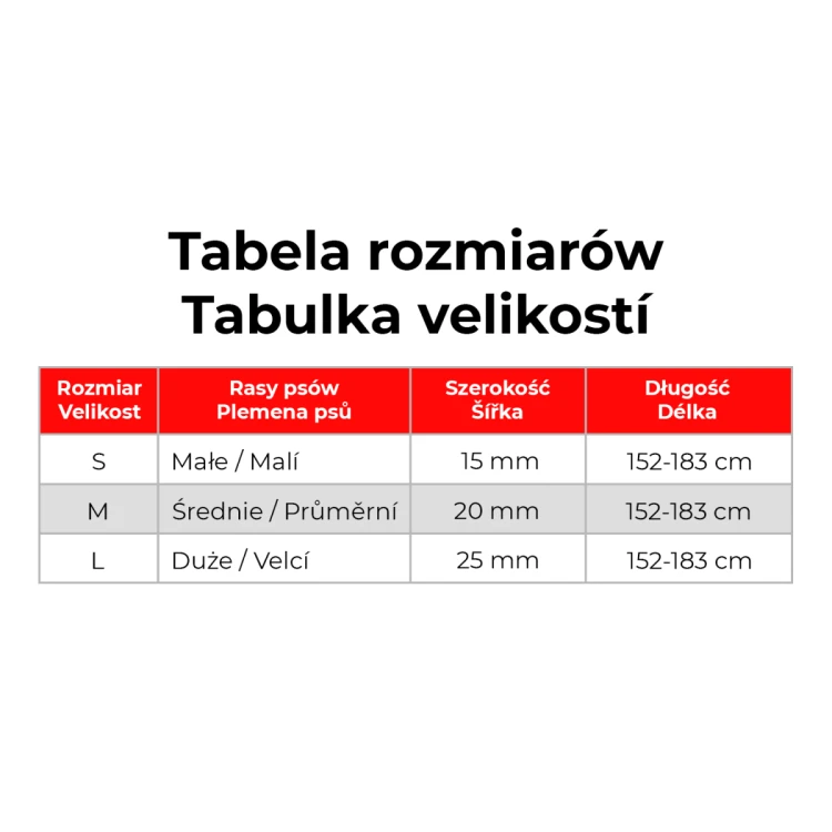 Tabela rozmiarów smyczy WAUDOG Nylon z długością 152–183 cm i szerokościami S, M, L