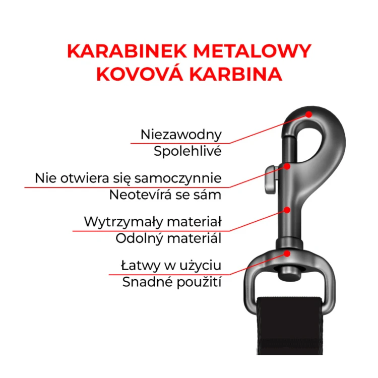 Metalowy karabinek smyczy WAUDOG z opisem cech użytkowych