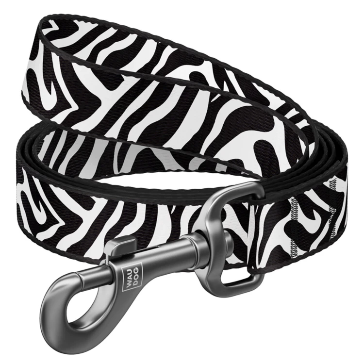 Smycz dla psa WAUDOG Nylon w czarno-biały wzór Zebra z metalowym karabińczykiem.